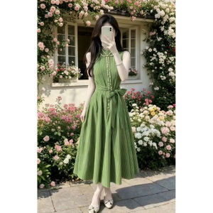NIUVIES | Đầm Hè Mới Thiết Kế Phong Cách Pháp Xanh Không T Tay Sọc Accentuating Vòng Eo Dài