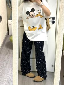 2024 ใหม่สไตล์เกาหลีการ์ตูนพิมพ์เสื้อยืดผู้หญิงผ้าฝ้าย 100% ทรงหลวมอเนกประสงค์ชุดลําลองเหมาะสําหรับฤดูร้อน