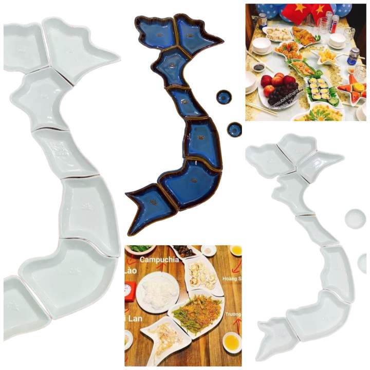 Bộ bát đĩa hình chữ S bản đ.ồ Việt Nam màu trắng và xanh hỏa biến - Bộ ...