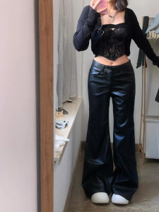 Quần Ống Rộng Lưng Thấp Màu Đen Cổ Điển Cho Nữ Cỡ Lớn Quần Da PU Quần Ống Loe Thời Trang Mùa Hè 2024