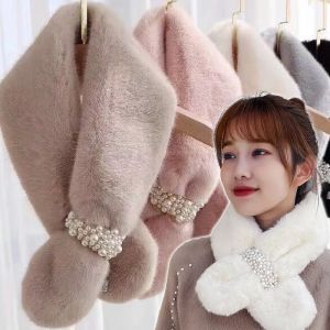 Korean Rabbit Fur Pearl Scarf Women Girls Winter Warm Soft Furry Scarves Casual Outdoor Windproof Cross Warmer Neck Collar
