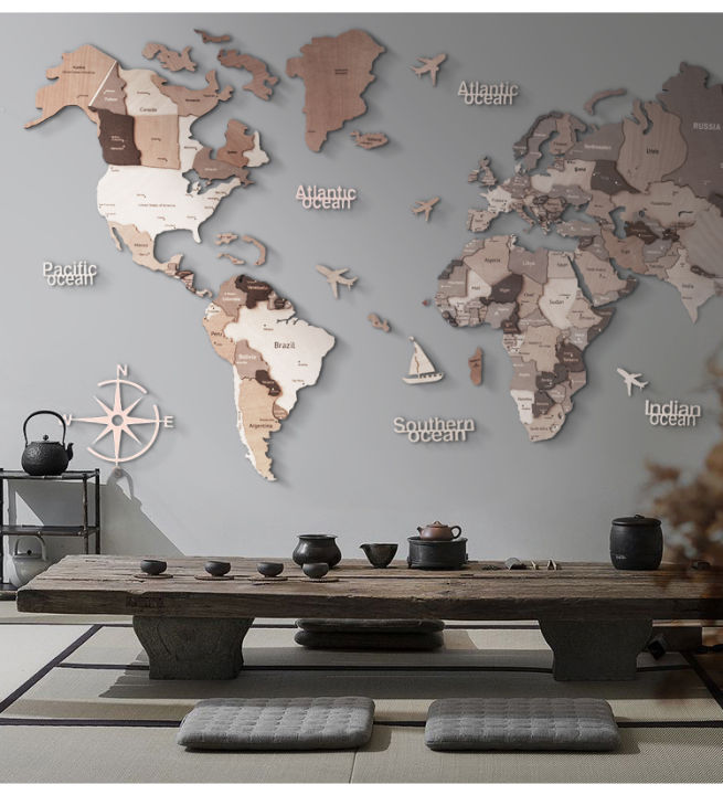 Solid Wood World Map Travel Office Living Room School Wall Decoration