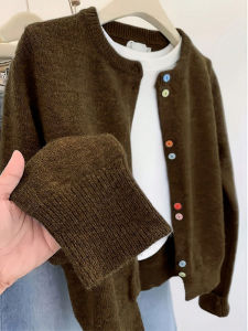 Design Crash Colour Buttons Temperament Versatile Knitting Sweater Cardigan Jacket Small Round Collar Simple