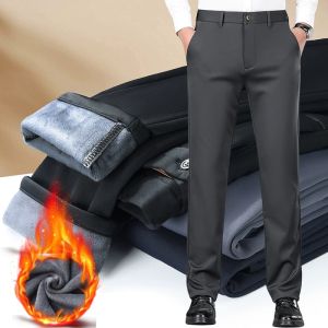 Flannel Thick Mens Casual Pants Navyblue Winter New Fleece Business Stretch Warm Plush Trousers Brand Slim Straight Male Pants