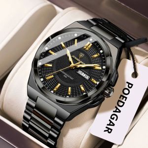 POEDAGAR Fashion Men Watches Stainless Steel Waterproof Luminous Original Male Watch Date Week Business Mens Quartz Wristwatch