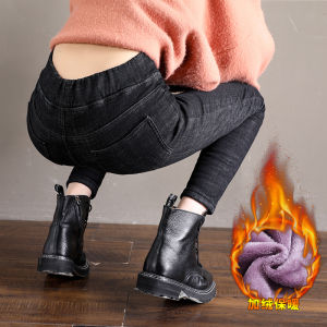 กางเกงยีนส์บุขนกำมะหยี่สำหรับผู้หญิงกางเกงขาเดฟเอวสูงหนาพิเศษใส่แล้วดูผอมเพรียวสำหรับฤดูหนาวกางเกงขายาวไซส์ใหญ่เอวยางยืดรัดรูปใส่ด้านนอกสำหรับฤดูใบไม้ร่วง