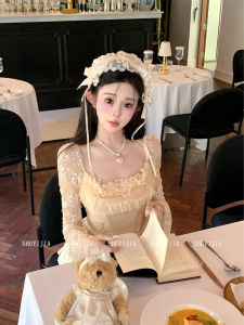 Syj Shuyijia French Lace Splicing Flared Sleeve Womens Design Puffy Cake Skirt Set High Waist A-Line Short Dress Summer Fashion