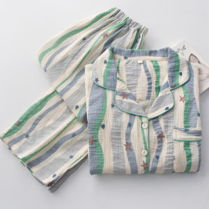 Dopamine Boosting Blue Striped Cotton Pajamas Womens Spring Summer Thin Long Sleeve Long Pants Comfortable Breathable Sleepwear