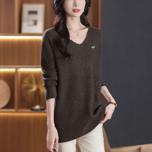 Fat Mom V Neck Knitting Woolen Sweater Fall/Winter XL Mid-Length Sweater Womens Loose Belly-Covering Soft Glutinous Bottoming Shirt