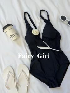 Bộ Đồ Bơi FairyBé Gái White Rose V-neck One-piece Hot Spring 3D Rose Pattern Quick-dry Fixed Chest Pad No-sleeve Casual Swimwear