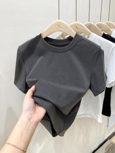Deep Grey Slim Fit Short Sleeve T-Shirt Womens Fashion Shoulder Length Half Sleeve Spring Summer New Style round Neck Print Top