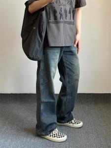 Retro Washed Blue Denim Jeans Mens Loose Straight Leg Wide Leg INS Trendy Brand Pants American High Street Vibe Style