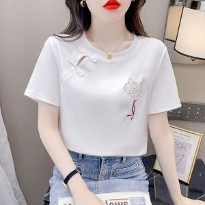 Elegant Embroidered Cotton T-Shirt Womens Loose Short Sleeve Summer New Style Pure White Versatile Casual round Neck Top