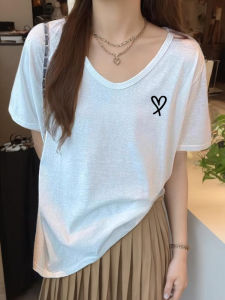 Cotton Bamboo Ray V-Neck Short Sleeve Womens T-Shirt Thin Loose Fit Summer Korean Style Printed Top Ice Silk Half Sleeve Shirt