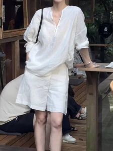 Big Brand Export Leak-Picking Casual Linen Shirt Outfit Womens Summer Temperament Wild Cotton Linen Wide Leg Shorts Two-piece Set