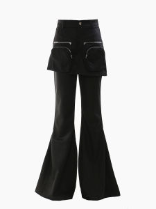 High Waist Short Skirt Pants Zipper Pocket Splicing Slimming Black Wide Leg Flared Casual Pants Women Spring Summer