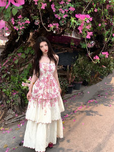 Fishing Little Level Gown with Embroidered Lace off Shoulder Sleeveless Long Dress High Waist A-Line Silken Gown for Summer