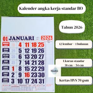 Kalender angka kerja standar BO tahun 2026 ukuran 38 cm x 54 cm (terima cetak coustem merek)