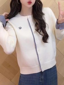 Áo Len Cardigan Dệt Kim Dài Tay Cổ Tròn Thêu Họa Tiết Kẻ Caro Giản Dị Cho Nữ Áo Khoác Ngoài Thời Trang Thu Đông 2025