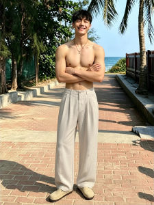 OUMULONG | Elegant Retro Style Beige-like Linen Loose Trousers Men Summer Breathable Comfortable Pants