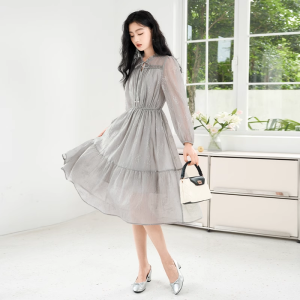 XIANGYING | Đầm Nẹp eo kiểu Pháp Độc Đáo Đẹp Cổ Tròn Viền Gỗ