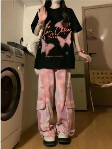 ชุดกีฬาลำลองสไตล์อเมริกันย้อนยุคสำหรับผู้หญิงในช่วงฤดูร้อน ชุดเสื้อยืดแขนสั้นผูกโบว์ลายผีเสื้อ + กางเกงขายาว ชุดสองชิ้น