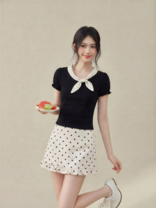OUYANGXI | Áo Thun Dots Fantasia Đen Cổ Eo Có Nơ Không Tay