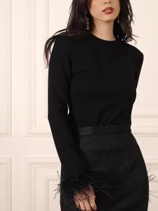 Black Crew Neck Slim Long Sleeve Top with Furry Cuffs