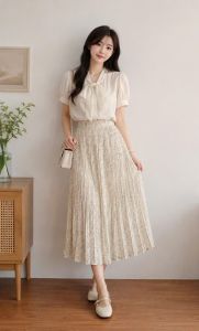 Chân váy hoa Chân váy dáng dài hoa nhí vintage cạp chun co giãn Midi thời trang Habis