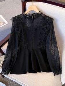 Ren Hollow Out Gấu Áo Gấu Váy Áo Sơ Mi Dài Tay Cho Phụ Nữ Cỡ Lớn Nữ Mùa Thu Thời Trang Thoải Mái Mặc Cao Cổ Áo Rộng Rãi Fit Áo