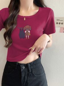 Áo Thun Cotton Ôm Vừa Vặn Cho Nữ Mùa Hè 2024 Áo Thun Tay Ngắn Dáng Chữ a Cổ Tròn in Họa Tiết Thời Trang Thường Ngày