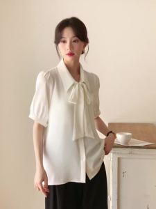 AMMIN 2025 Summer New Simple Lapel with Bow Ribbon Design White Chiffon Shirt Womens Korean Style Short Sleeve Single-Breasted Commuter Professional Elegant Blouse