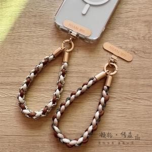 High-End Braided Brown Autumn Winter Style Mobile Phone Lanyard Short Version with Metal Clip Digital Accessories for Women