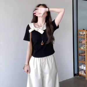 Pure Cotton French Doll Collar Short Sleeve T-Shirt Women Summer plus Size Chic Design Slimming Effectiveness Small Audience