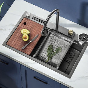 Combo Chậu 1 hố vòi thác nước dây rút inox 304 phủ nano kèm phụ kiện + rửa cốc + giá gắn dao