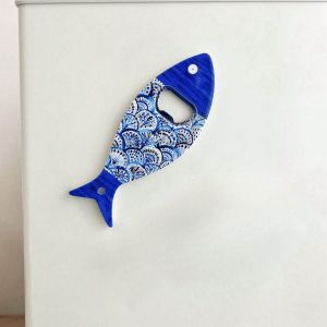 1PC Fish-Shaped Acrylic Fridge Magnet with Blue Eye Pattern And Gold Foil Embossed Texture Dual Purpose Bottle Opener