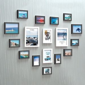 รูปภาพรูปหัวใจรูปหัวใจขนาดใหญ่สำหรับตกแต่งพื้นหลังโซฟาในห้องนั่งเล่นสไตล์โมเดิร์นสีดำและขาว ชุดกรอบรูปภาพที่แขวนได้ 17 ภาพ