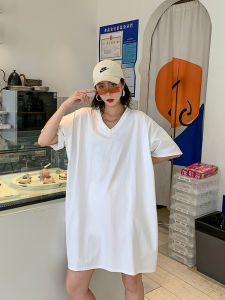 Loose Cotton V-Neck T-Shirt Womens Summer Bottoming Shirt Lazy Style Long Sleeve Mid-Length Pure Color Korean Version