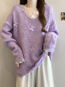 Versatile Lazy-style Lace V-neck Knit Sweater