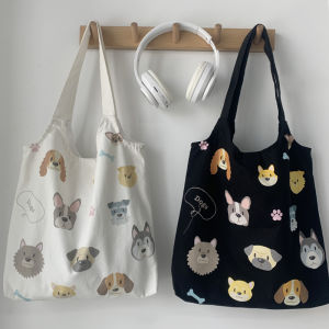 New Cartoon Pattern Female One Shoulder Retro Korean Original Dog Illustration Canvas Bag Cute Wild Preppy Style Female