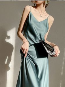 Solid Color Midi Dress Sleeveless Street Style V-Neck mid Waist Long Skirt Summer Fashion Womens Single-Piece Clothing