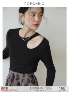 เสื้อยืดคอวีทรงเข้ารูป POPCHRIO เสื้อเชิ้ตแขนยาวทรงเข้ารูปสำหรับผู้หญิง ฤดูใบไม้ร่วง 2022 ผ้าผสมโพลีเอสเตอร์และไนลอน