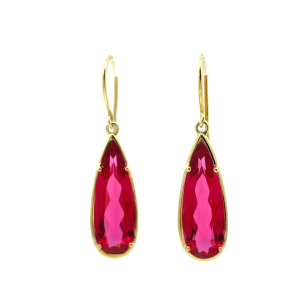 Red Magenta Teardrop Golden Earrings Sterling Silver ต่างหูแฟชั่นหรูหรา ประดับคริสตัลสีแดง ขนาด 38 MM