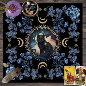 VIKAMA Mèo Đen Mặt Trăng Tarot Đọc Bài Vải Hoa Màu Xanh Witchy Bàn Thờ Thảm Cho Bói Toán Tâm Linh Trang Trí Nhà 100% Polyester