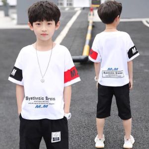 Boys Summer Short Sleeve Cotton Two-Piece Set Stylish Casual Korean Version Mid-Large Children Fashionable Clothing Ensemble