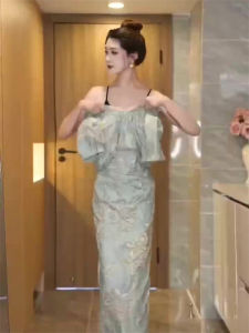 Elegant New Chinese Style Fashion High Waist Midi Dress Womens Summer 2024 Slimming Flattering Versatile Short Sleeve Dress