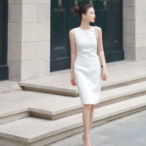 Elegant White Sleeveless Womens Dress Slimming Simple Commute OL Skirt High Waist Zipper round Neck S-Shape Bodycon Mid-length