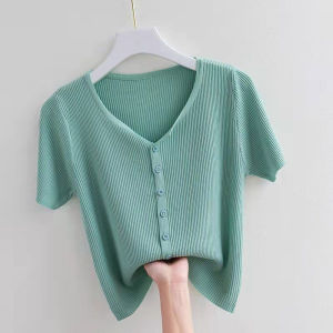 Elegant French Style Versatile Fitting V-Neck Short Sleeve T-Shirt