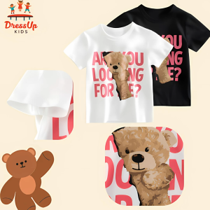 Trendy Kids Tshirt: High-Quality Teddy Bear Design Tops Cotton T-shirt Round Neck Short Sleeve for Boy Girl 1-9Y