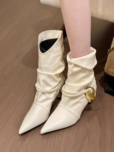 Womens Fashion Short Martin Boots Pointed Toe Foldable Collar Two-Way Wear Thin Heel Autumn Winter White Booties PU Leather